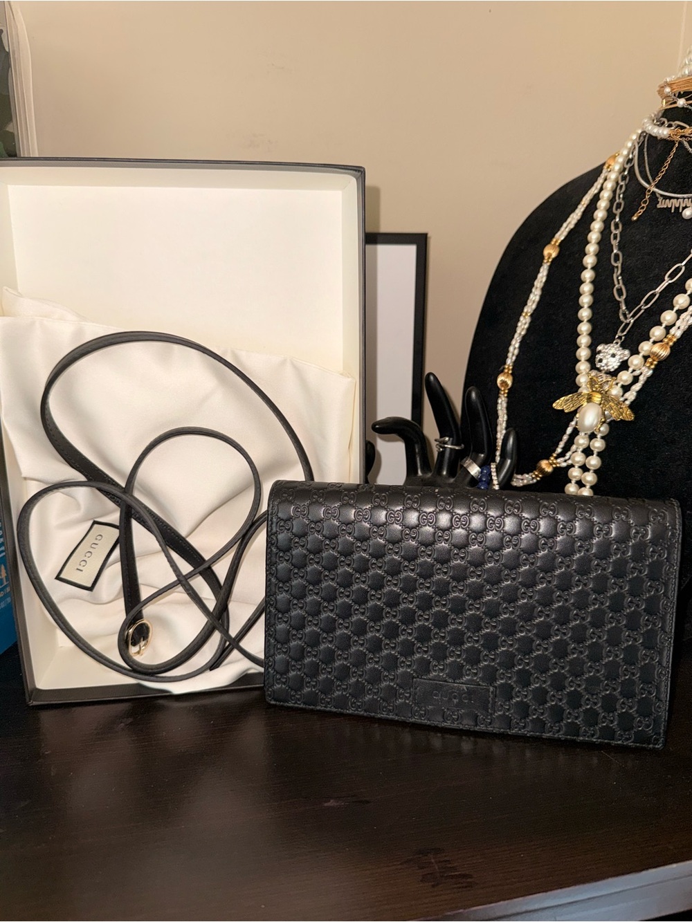 Gucci Black Embossed Interlocking G Leather Crossbody Wallet